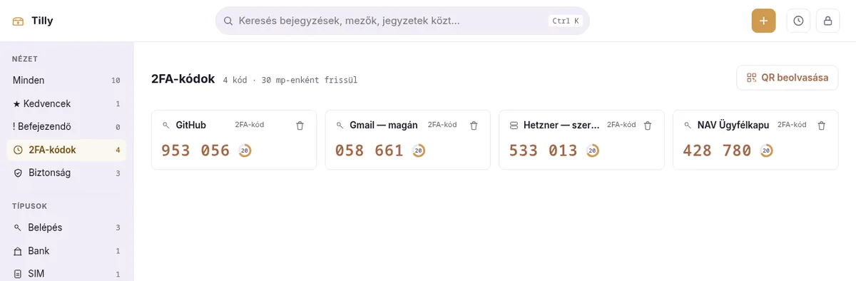 A 2FA-kódok nézete: négy kártya, mindegyiken hatjegyű kód és a hátralévő másodpercek.