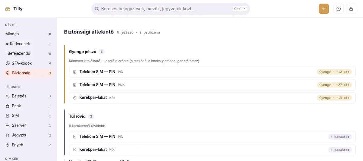 A biztonsági áttekintő: gyenge és túl rövid jelszavak listája, mindegyiknél a becsült entrópia.