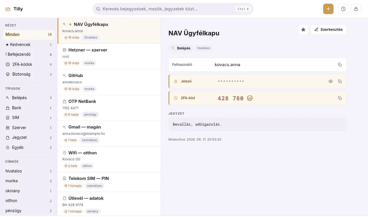 A Tilly széf: bal oldalt a bejegyzések listája, jobbra egy megnyitott bejegyzés maszkolt jelszóval és élő 2FA-kóddal.